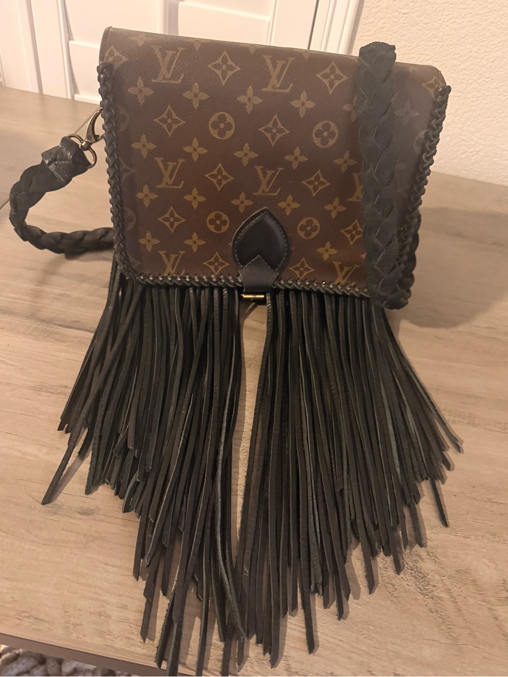 Luxury LV Monogram brown and black bohemian fringe crossbody by Vintage Boho.